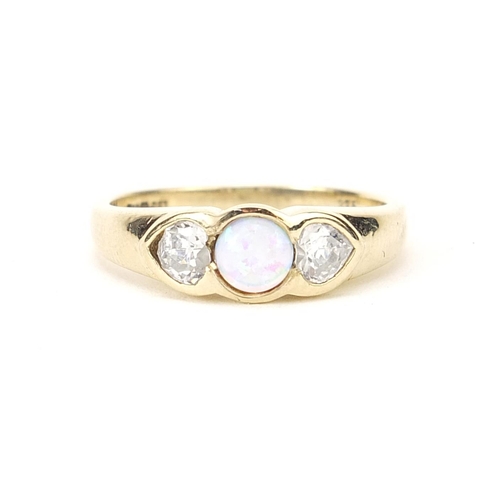 155 - 9ct gold cabochon opal and clear stone ring, size M, 2.7g