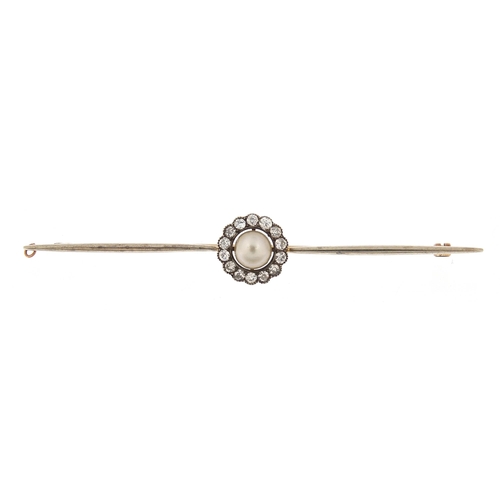 166 - Unmarked gold pearl and diamond bar brooch, 7.5cm wide, 5.1g