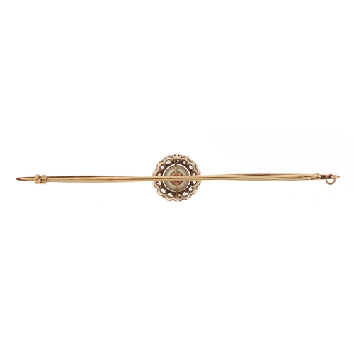 166 - Unmarked gold pearl and diamond bar brooch, 7.5cm wide, 5.1g