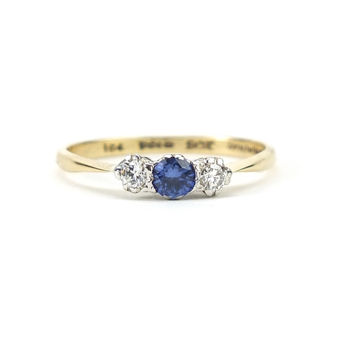 151 - 9ct gold sapphire and diamond three stone ring, size R, 1.4g