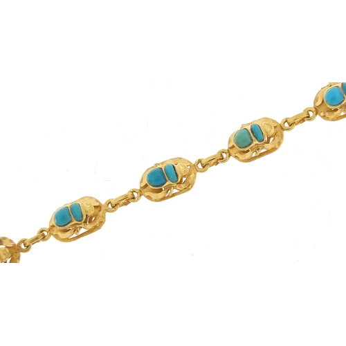 168 - 18ct gold Egyptian scarab beetle turquoise bracelet, 19cm in length, 13.9g