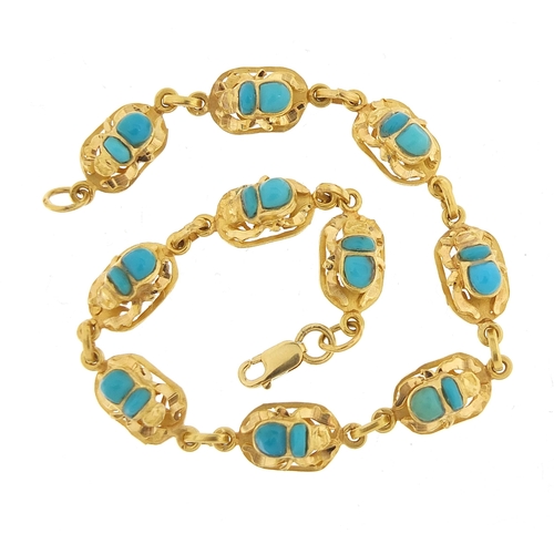 168 - 18ct gold Egyptian scarab beetle turquoise bracelet, 19cm in length, 13.9g