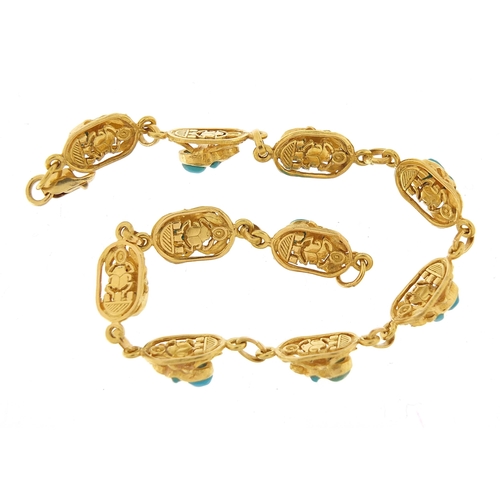 168 - 18ct gold Egyptian scarab beetle turquoise bracelet, 19cm in length, 13.9g