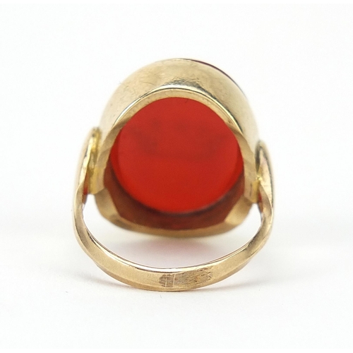 167 - Antique gold carnelian intaglio seal ring carved with a crown, indistinct marks, size G, 5.1g