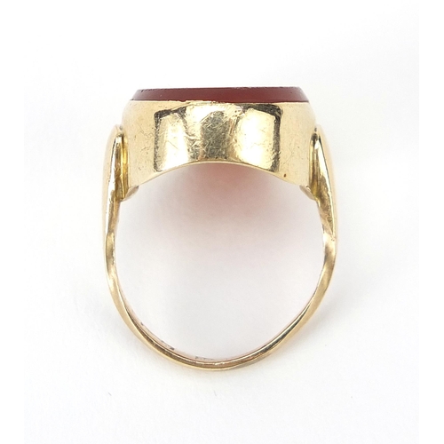 167 - Antique gold carnelian intaglio seal ring carved with a crown, indistinct marks, size G, 5.1g