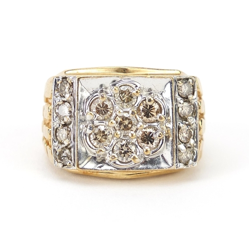 142 - 14ct two tone gold Champagne diamond ring, each diamond between 0.3 and 0.4ct each, size U/V, 12.6g