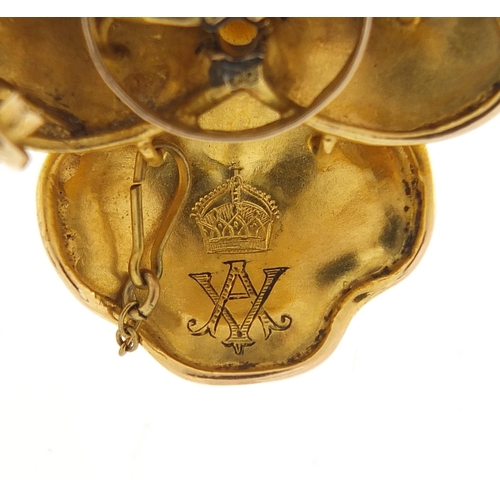 145 - Victorian Royal interest unmarked gold pearl brooch , inscribed 27.7.1888 and Royal cypher possibly ... 