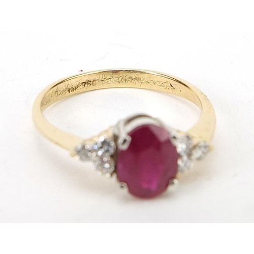 163 - 18ct gold ruby and diamond ring, size P, 3.1g