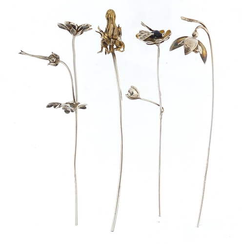 18 - Sarah Jones, four contemporary 1980's silver flowers, two with enamel including a bumble bee and thi... 