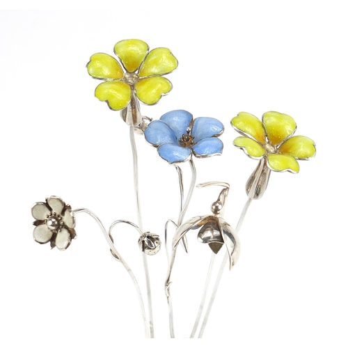 41 - Sarah Jones, five contemporary 1980's silver flowers, four with enamel, various London hallmarks, th... 