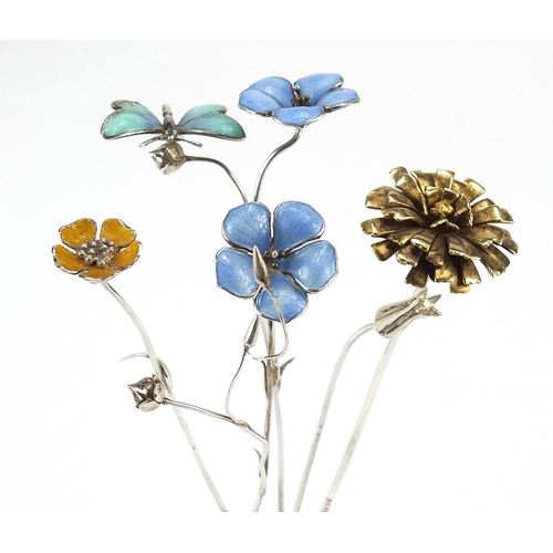 50 - Sarah Jones, five contemporary 1980's silver flowers, three with  enamel including one with a butter... 