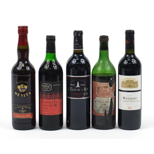 842 - Five bottles of vintage and later wine including 1966 Chateau Palmer Margaux and 1970 Chateau La Tou... 