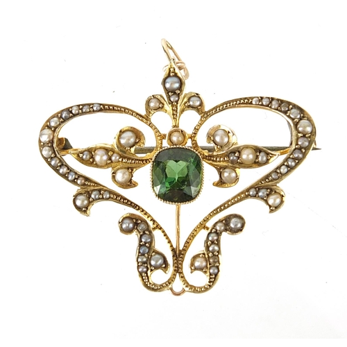 149 - Art Nouveau 9ct gold tourmaline and seed pearl pendant, 3.5cm high, 5.5g