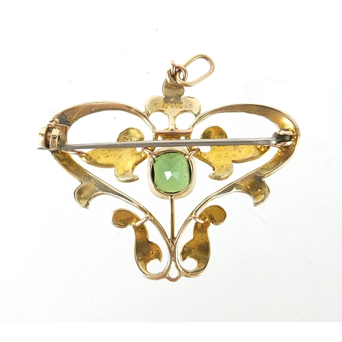 149 - Art Nouveau 9ct gold tourmaline and seed pearl pendant, 3.5cm high, 5.5g