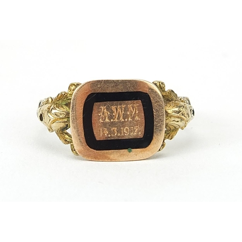 159 - Antique unmarked gold and black enamel mourning ring, inscribed A W M 14.3.1917 and partially engrav... 