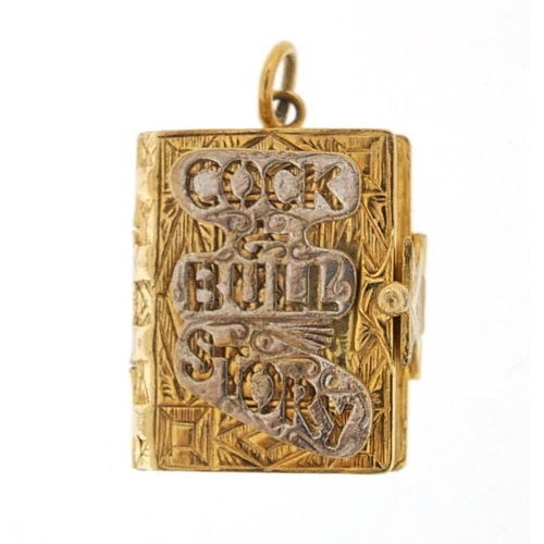 143 - Heavy 9ct gold Cock and Bull storybook charm, opening to reveal a cock and bull, 2.2cm high, 12.9g