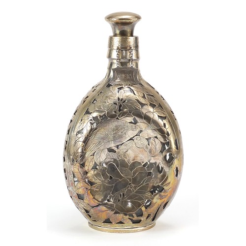 61 - Chinese silver overlaid glass decanter with Whisky label, pierced and engraved all over with birds a... 