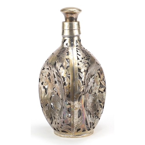 61 - Chinese silver overlaid glass decanter with Whisky label, pierced and engraved all over with birds a... 