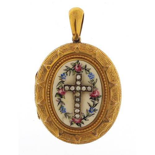 173 - Victorian gold coloured metal enamel and seed pearl locket, 4cm high, 12.2g