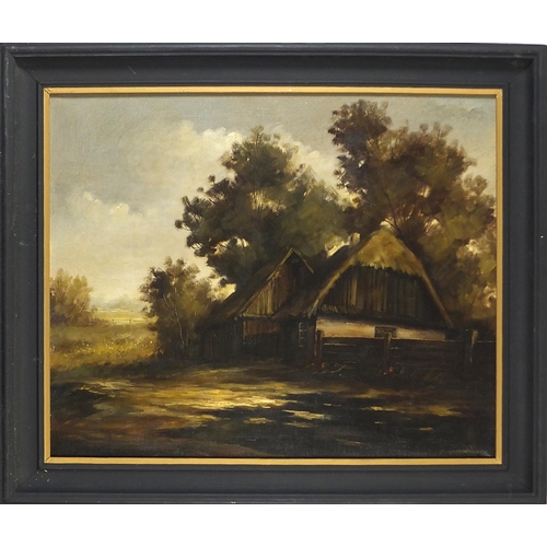 1332 - Jaroslaw Wojtkowiak - Landscape with huts and trees, oil on canvas, mounted and framed, 71cm x 58cm ... 