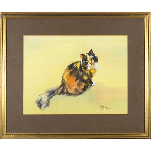 1418 - Matt Bruce - Seated tortoiseshell cat, 20th century watercolour, mounted, framed and glazed, 46cm x ... 