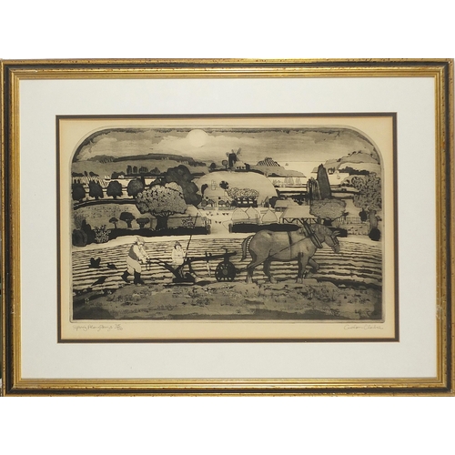 1313 - Graham Clarke - Spring plough boys, pencil signed etching, limited edition 75/100, mounted, framed a... 