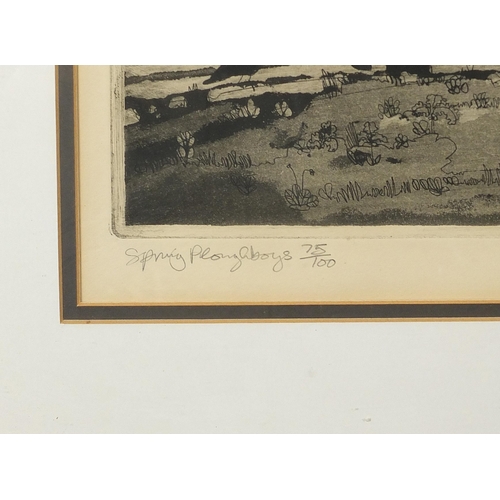 1313 - Graham Clarke - Spring plough boys, pencil signed etching, limited edition 75/100, mounted, framed a... 