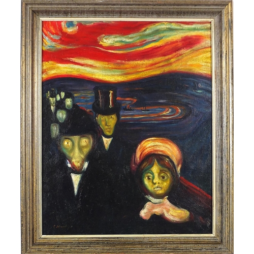 143 - After Edvard Munch - Anxiety, surreal oil on board, mounted and framed, 49cm x 39cm excluding the mo... 