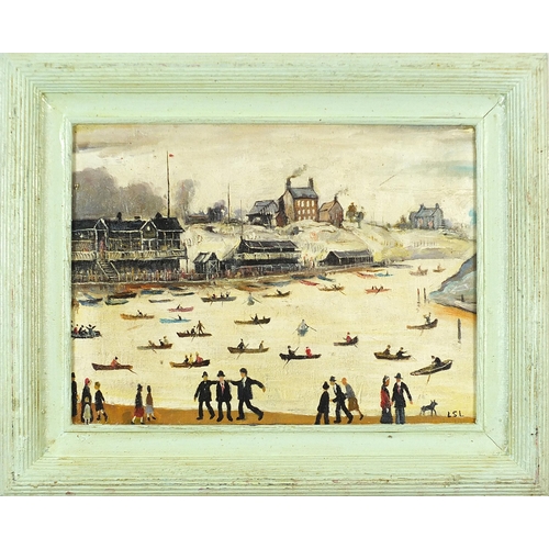 196 - After Laurence Stephen Lowry - Figures in boats before buildings, Manchester school oil on board, mo... 