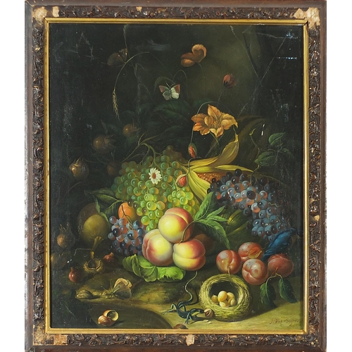 495 - Still life fruit, flowers and insects, Old Master style oil on board, mounted and framed, 55.5cm x 4... 