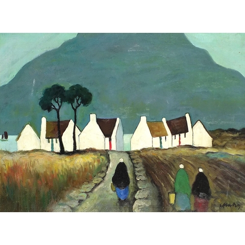 428 - Manner of Markey Robinson - Figures before cottages and mountains, Irish school oil on board, mounte... 