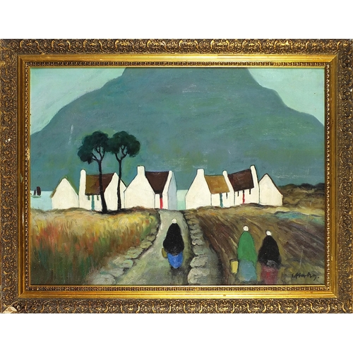 428 - Manner of Markey Robinson - Figures before cottages and mountains, Irish school oil on board, mounte... 