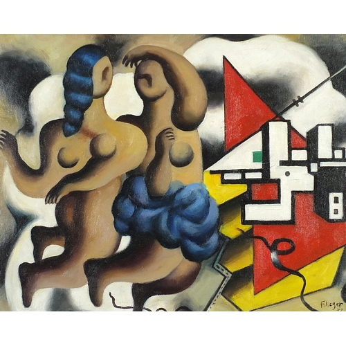 414 - Manner of Fernand Leger - Abstract composition with two females, French school oil on board, mounted... 