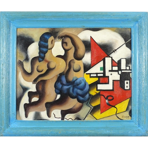 414 - Manner of Fernand Leger - Abstract composition with two females, French school oil on board, mounted... 