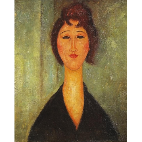 528 - After Amedeo Modigliani - Head and shoulders portrait of a female, Italian school oil on board, moun... 