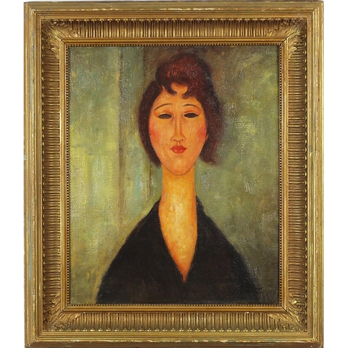 528 - After Amedeo Modigliani - Head and shoulders portrait of a female, Italian school oil on board, moun... 