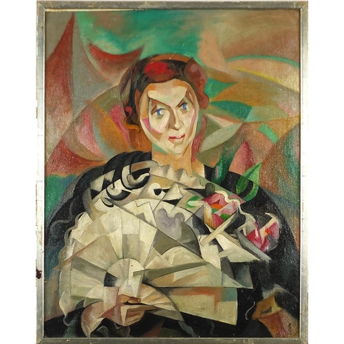 337 - Surreal composition, portrait of a female, Cubist school oil on board, framed, 50.5cm x 39.5cm exclu... 