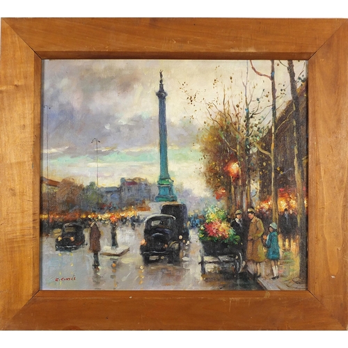 360 - Parisian street scene with figures and cars, French school oil on board, framed, 52cm x 44cm excludi... 