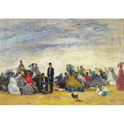 308 - Manner of Eugene Boudin - Figures and dogs on a beach, French Impressionist oil on board, mounted an... 