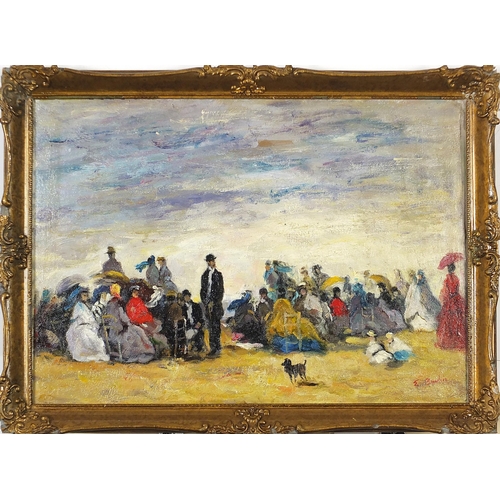 308 - Manner of Eugene Boudin - Figures and dogs on a beach, French Impressionist oil on board, mounted an... 