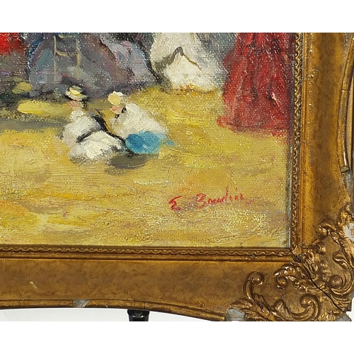 308 - Manner of Eugene Boudin - Figures and dogs on a beach, French Impressionist oil on board, mounted an... 