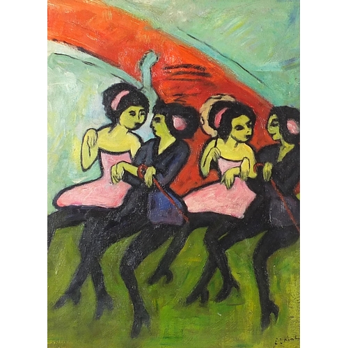 341 - Four females dancing, oil on canvas, mounted and framed, 48.5cm x 37cm excluding the mount and frame