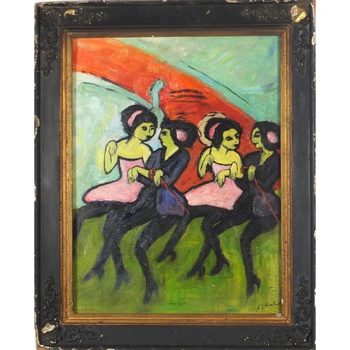 341 - Four females dancing, oil on canvas, mounted and framed, 48.5cm x 37cm excluding the mount and frame