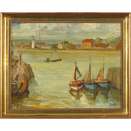 192 - Moored fishing boats before water and buildings, oil on board, mounted and framed, 44cm x 34cm exclu... 