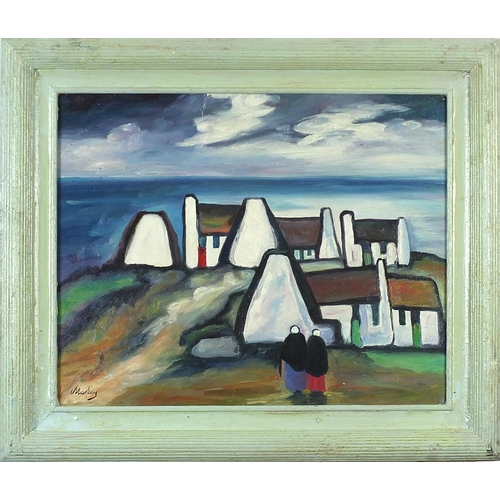 1310 - Manner of Markey Robinson - Figures before cottages and water, Irish school oil on board, mounted an... 