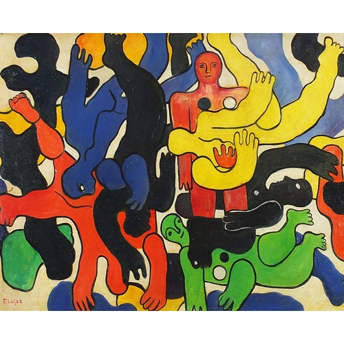 561 - Manner of Fernand Leger - Surreal composition, figures, French school oil on board, mounted and fram... 