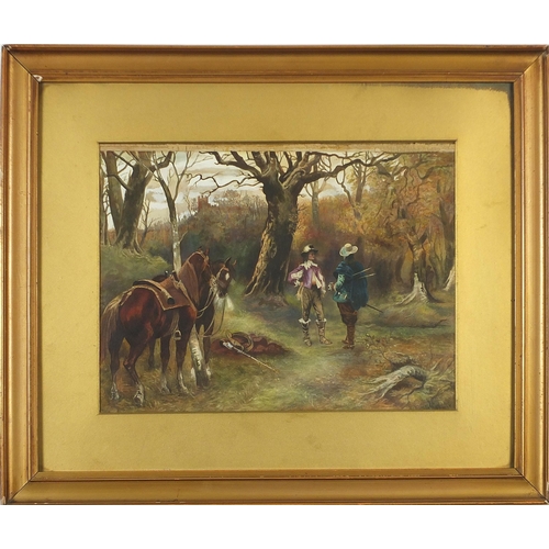 100 - Woodland scene with two Cavaliers and horses, 19th century watercolour on card, mounted, framed and ... 