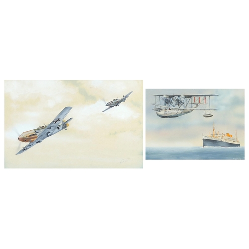 415 - Ron Davies - Duel of Eagles and seaplane, two aviation interest gouaches, one with details to the mo... 