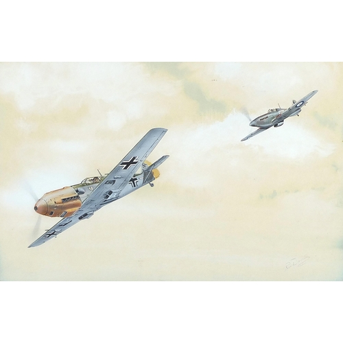 415 - Ron Davies - Duel of Eagles and seaplane, two aviation interest gouaches, one with details to the mo... 