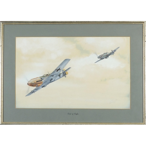 415 - Ron Davies - Duel of Eagles and seaplane, two aviation interest gouaches, one with details to the mo... 